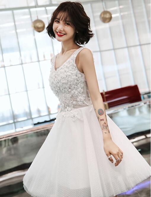 Cute White Lace Flowers Graduation Dress, Short Prom Dress