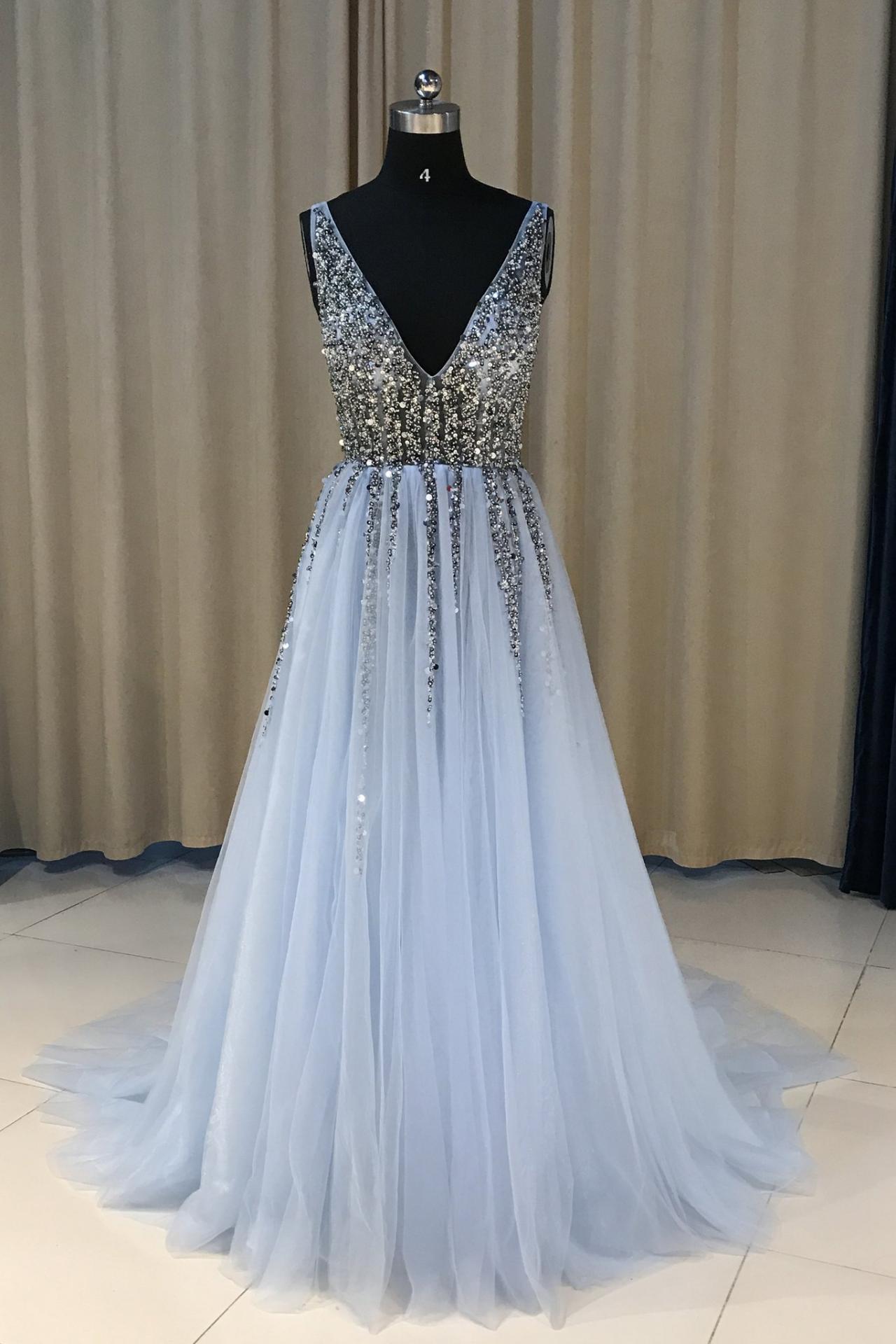 Beautiful V Neck Open Back Blue Prom Dresses, Sexy Sparkle Evening Dresses