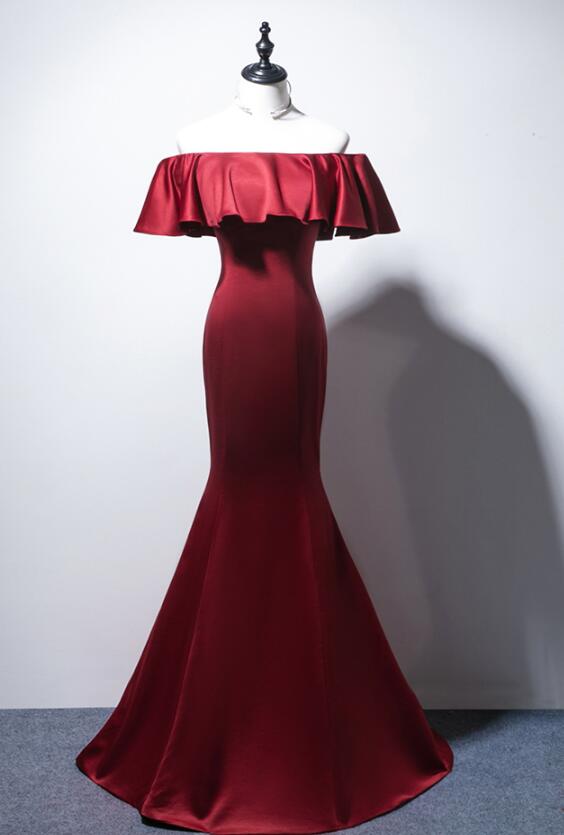 Dark Red Mermaid Long Satin Evening Gown, Beautiful Prom Dress