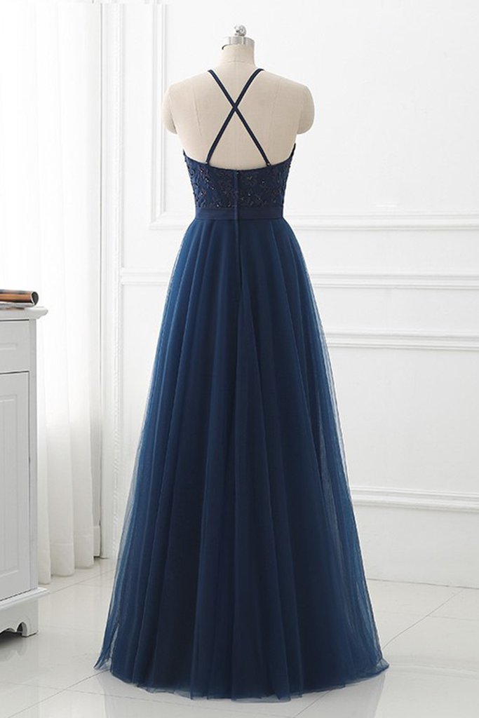 Simple Navy Blue Lace Halter Long Prom Dress, Tulle Bridesmaid Dress
