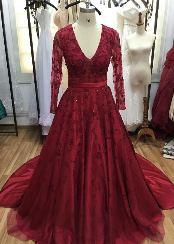 Simple Wine Red Long-sleeved V-neck Prom Dress, Evening Gown