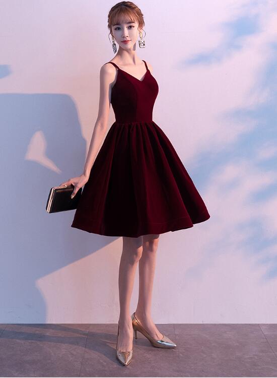 Cute Wine Red Sweetheart Straps Velvet Party Dress, Short Formal Dress
