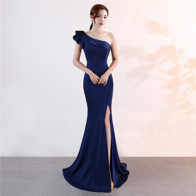 Charming Navy Blue One Shoulder Slit Mermaid Party Dress, Elegant Prom ...