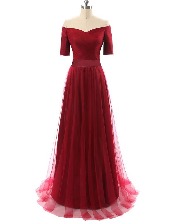 Beautiful Wine Red Tulle Off-the-shoulder Neckline A-line Evening Dresses, Bridesmaid Dress