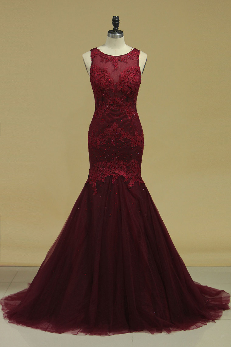 Beautiful Wine Red Mermaid Tulle with Lace Evening Gown, New Prom Dress 2020