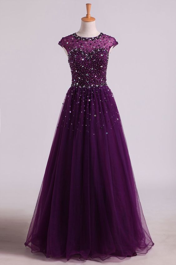 Dark Purple Beaded Tulle Long Prom Dress, Prom Dress 2020