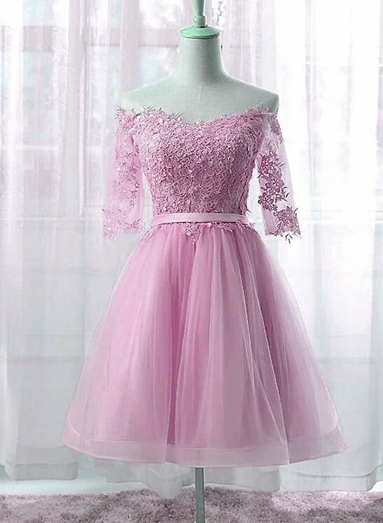 Simple Cute Short Pink Prom Dress 2020, Pink Tulle And Lace Party Dress