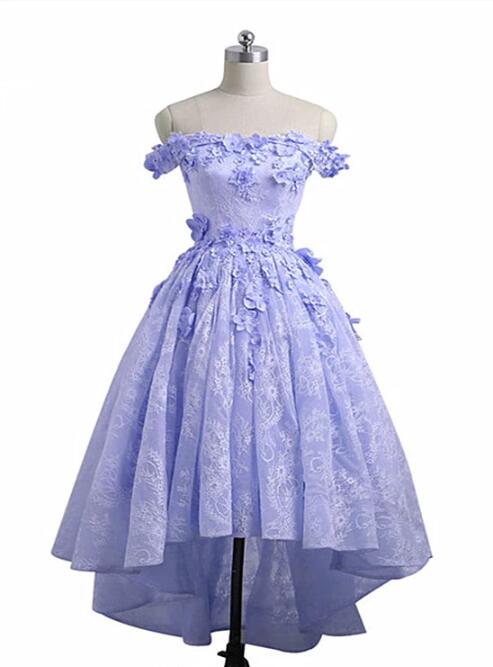 Lavender High Low Lace Party Dress, Cute Off Shoulder Prom Dress 2020