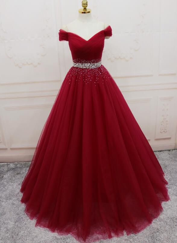 Beautiful Beaded Wine Red Tulle Prom Dress 2020, Off Shoulder Party Gown