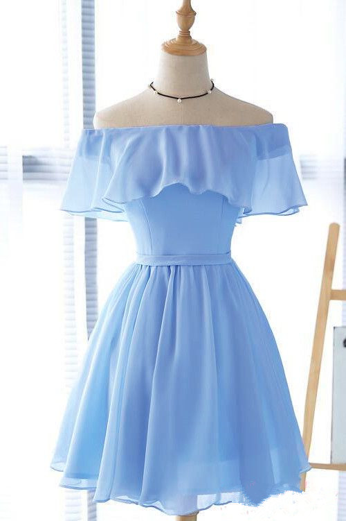 Cute Blue Short Bridesmaid Dress, Off Shoulder New Prom Dress 2020