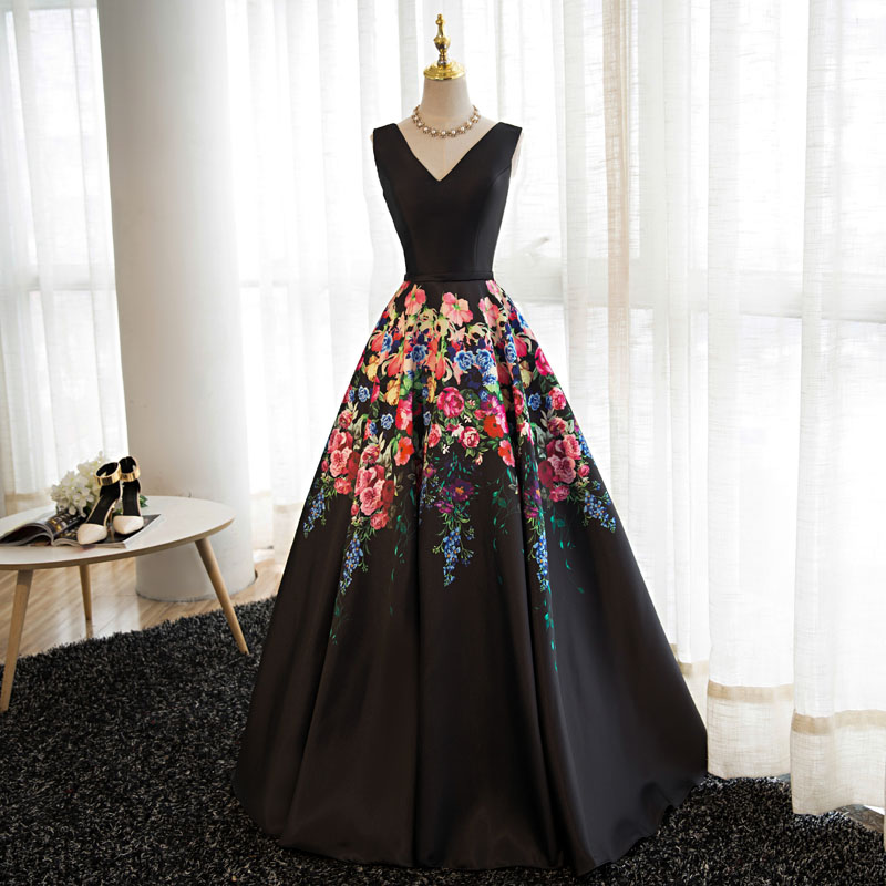 Elegant Black V-neckline Floral Satin Party Dress, Black Prom Dress 2020