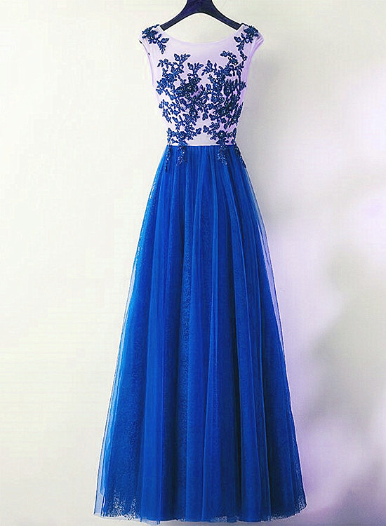 Charming Blue Tulle Long Party Dress, A-line Bridesmaid Dress