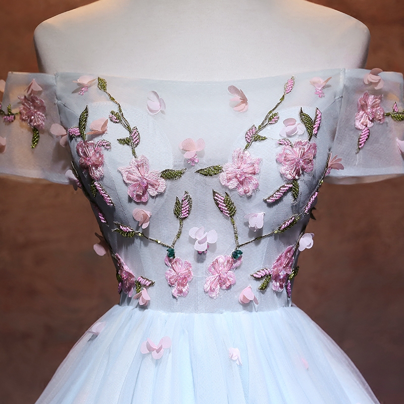 Short Sleeve A Line Appliques Blue Tulle Prom Dress main image 1