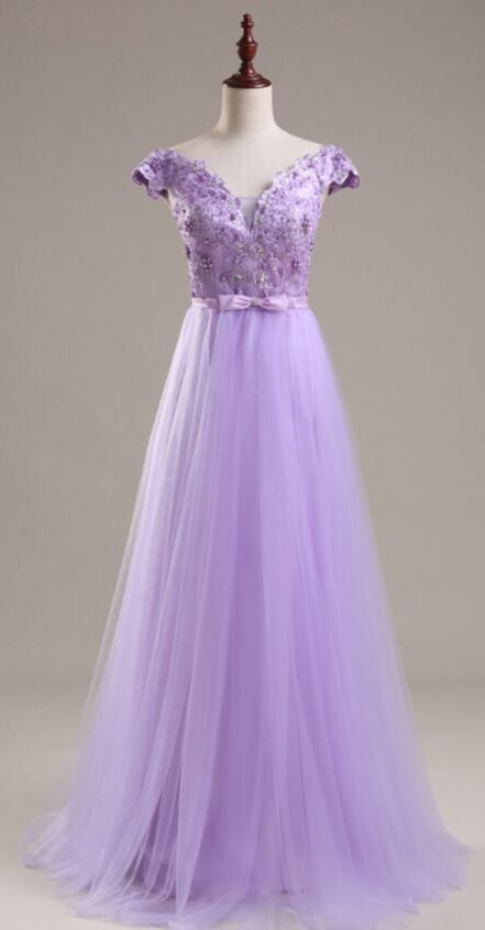 Beautiful Lavender Tulle Long Party Dress With Belt, Lavender Prom Dress
