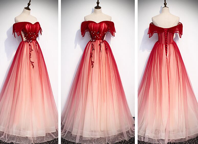 Beautiful Red Tulle Gradient Long Party Dress 2020, Junior Prom Dress