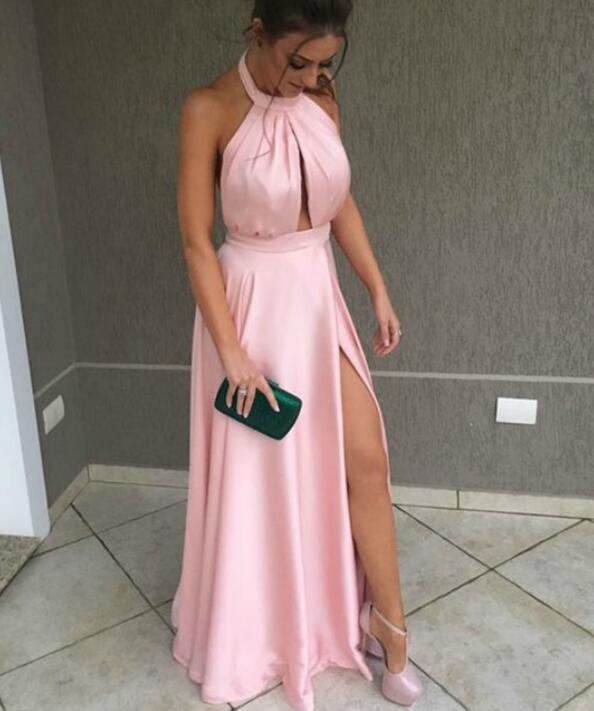Charming Pink Halter Cut Out Halter Pleats Prom Dress With Side Split, Long Party Dress
