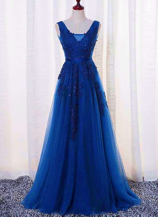 Beautiful Blue Long Lace Applique V-neckline Party Dress, Blue Prom Dress