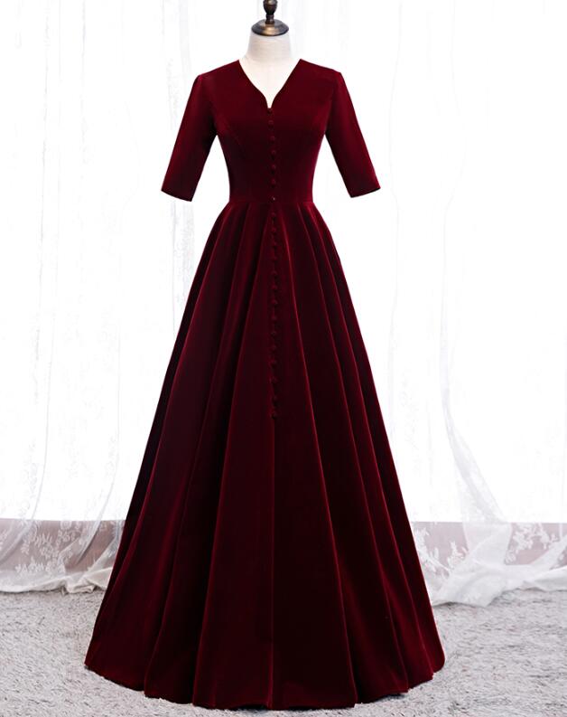 Elegant Velvet Wine Red V-neckline Floor Length Party Dress, Beautiful Prom Dress
