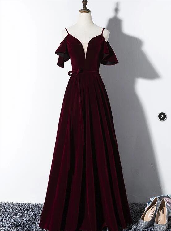 Beautiful Burgundy V-neckline Velvet Party Dress, Junior Prom Dress 2020