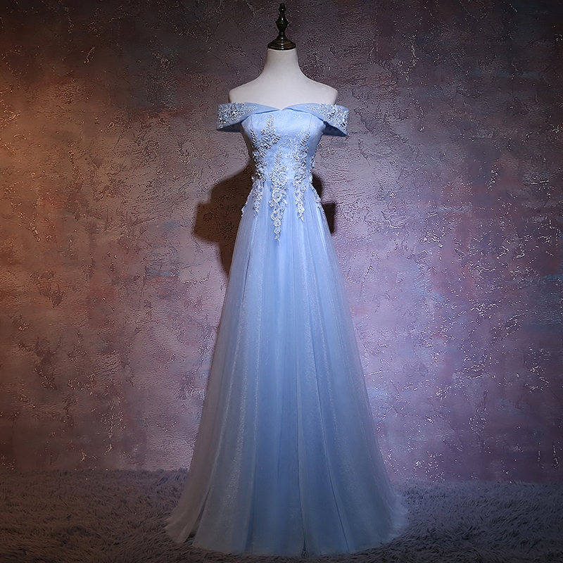 Beautiful Blue Sweetheart Party Dress, Off Shoulder Bridesmaid Dress