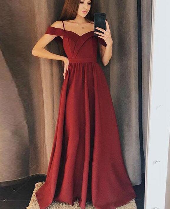 Lovely Wine Red Off Shoulder Prom Dress, Spaghetti Straps Long Prom Dress