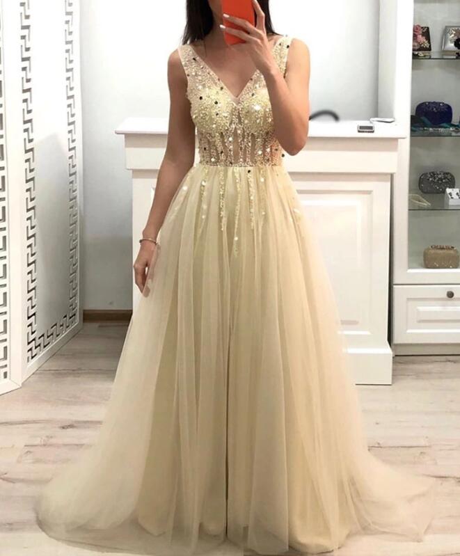 Charming Sequins And Beaded Champagne Tulle Party Dress, Long Prom Dress 2020