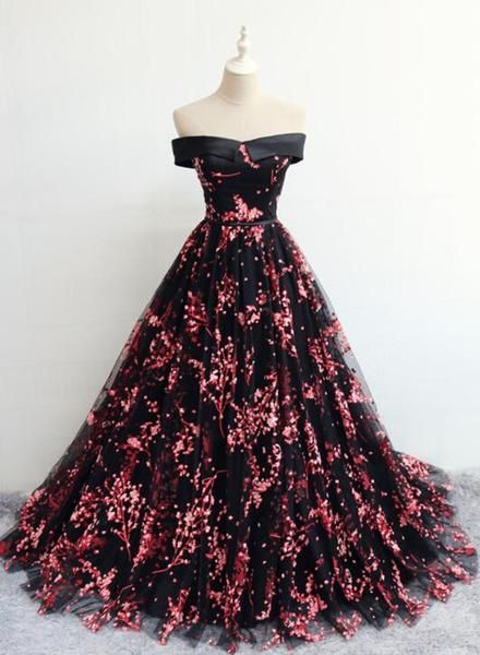 Elegant Black Floral Tulle Lace-up Party Dress, Black Formal Dress 2020