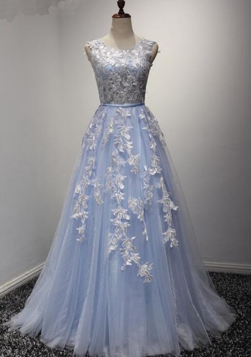 Charming Tulle Round Neckline Long Party Dress, Blue Prom Dress 2020