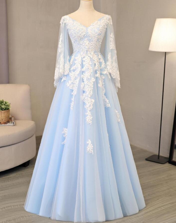 Light Blue Tulle Long Party Dress 2020, A-line Formal Gown