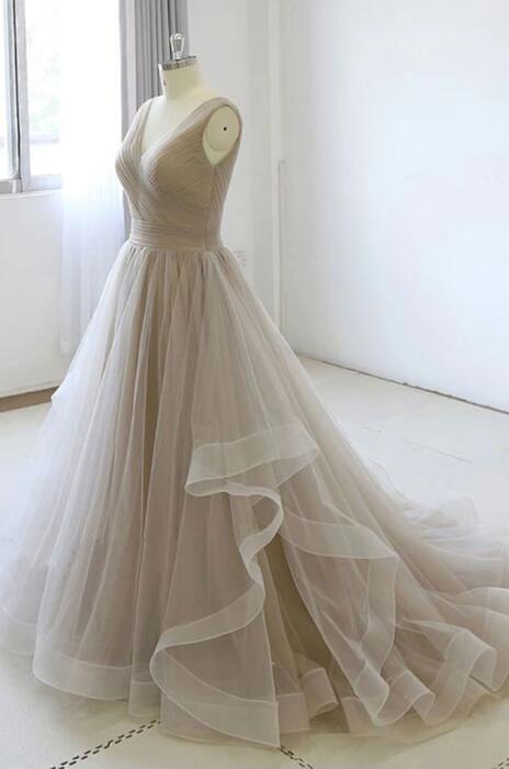 Champagne V-neckline Tulle Simple Wedding Party Dress, Long Evening Gown