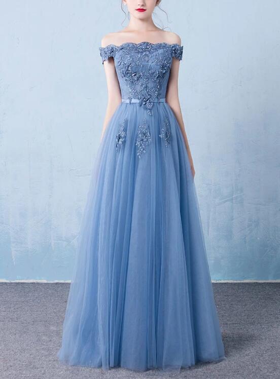 Style Blue Off Shoulder Lace Long Party Dress, Lace Prom Dress 2020