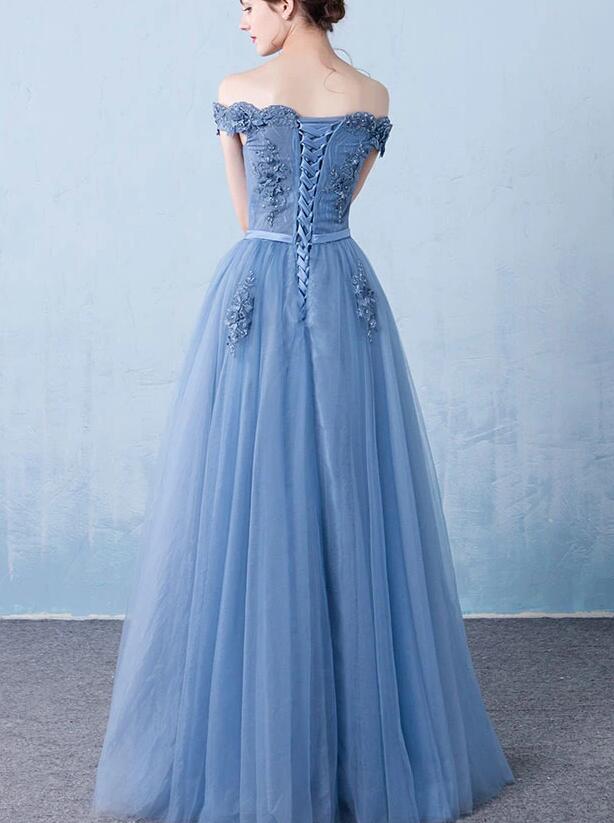 Style Blue Off Shoulder Lace Long Party Dress, Lace Prom Dress