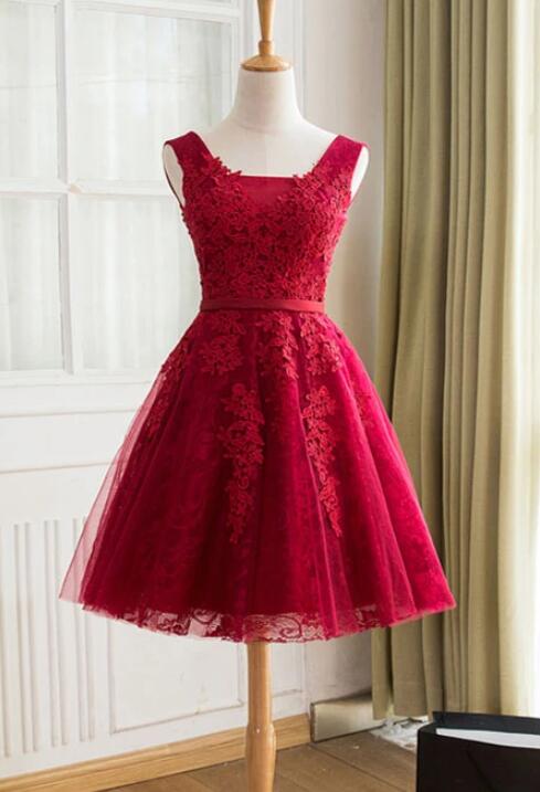Beautiful Dark Red Short Tulle Prom Dress, V-neckline Party Dress