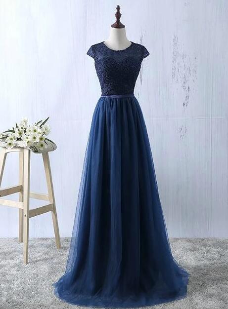 Beautiful Tulle With Lace Blue Bridesmaid Dress, Long Evening Gown