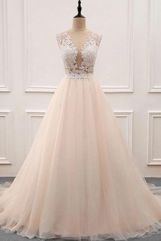 Pink Round Neckline Long Party Dress 2020, Lace Applique Formal Dress