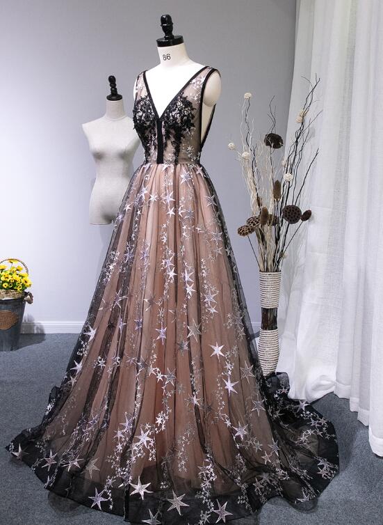 Classy Light Apricot Spaghetti Straps Tulle Sequin A Line Long Party Dress Evening Dress main image 0