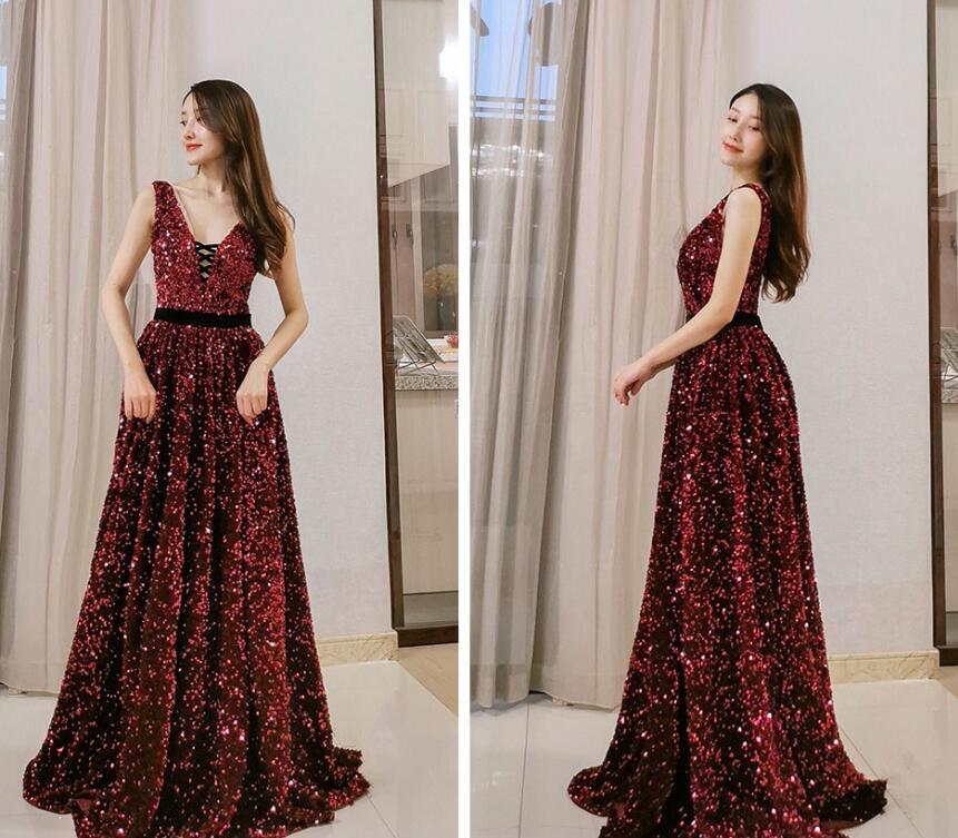 Gorgeous Wine Red Sequins V-neckline Long Prom Dress, Bridesmaid Dress