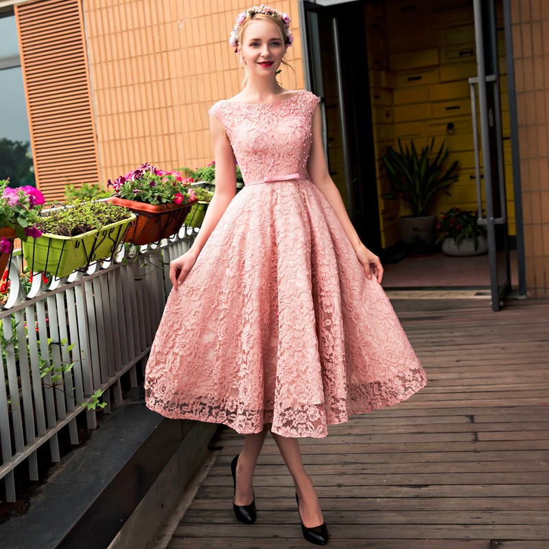 Lovely Pearl Pink Lace Tea Length Party Dress, Prom Dress 2020