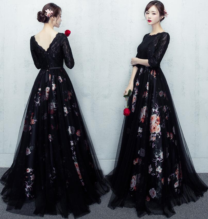 Beautiful Black Long Round Neckline Prom Dress, Black Party Dress