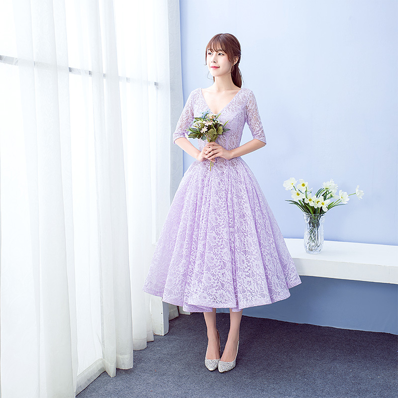 Beautiful Light Purple Lace Tea Length Bridesmaid Dress, Short Prom Dress