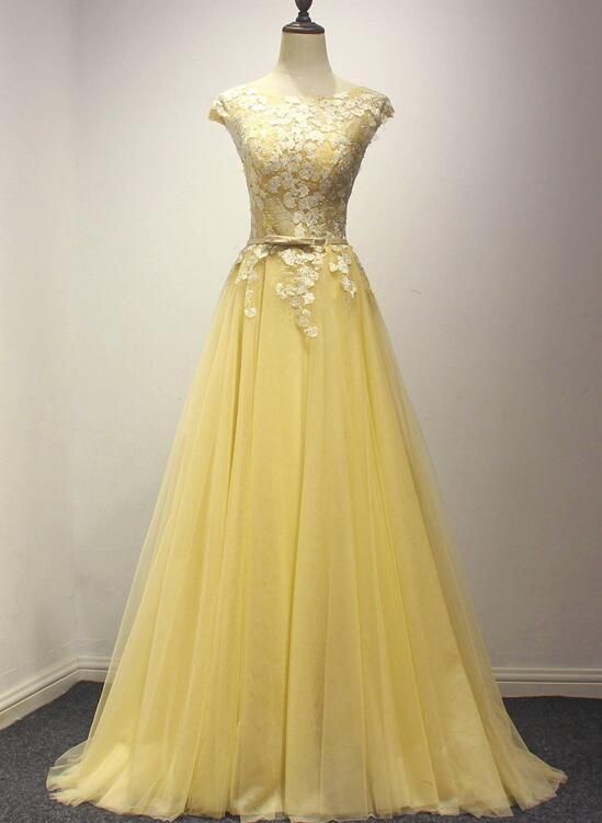 Beautiful Light Yellow Tulle With Lace V Back Long Prom Dress, Prom Dress