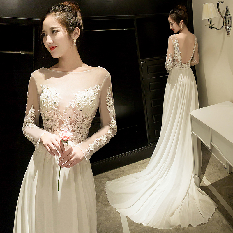 Beautiful Ivory Chiffon Long Sleeves Party Gown, Wedding Party Dress