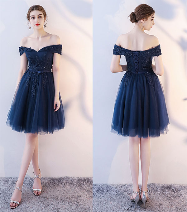 Cute Navy Blue Short Lace Applique Prom Dress, Off Shoulder Party Dress