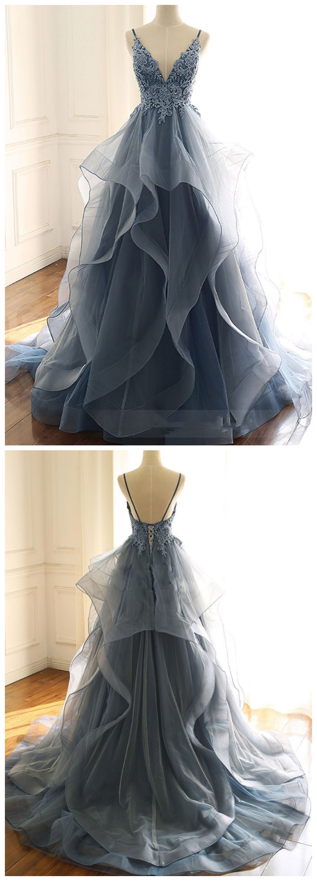 Beautiful Blue V-neckline Long Straps Prom Gown, Blue Prom Dress 2020