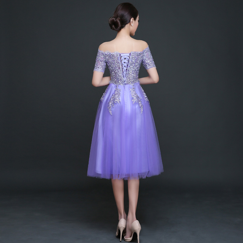 Lovely Purple Knee Length Tulle With Lace Bridesmaid Dress, Short Prom ...