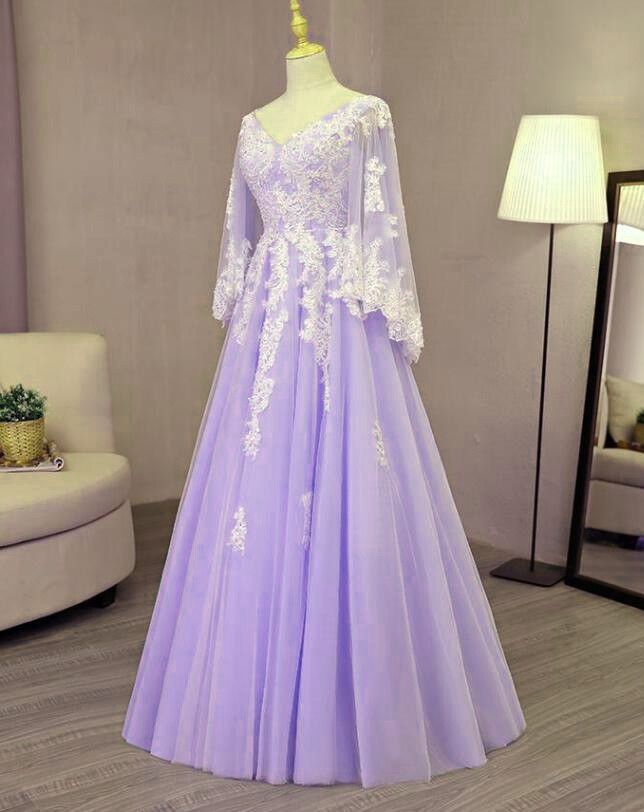 Beautiful Light Purple Tulle V-neckline Sweet 16 Gown, Prom Gown 2020