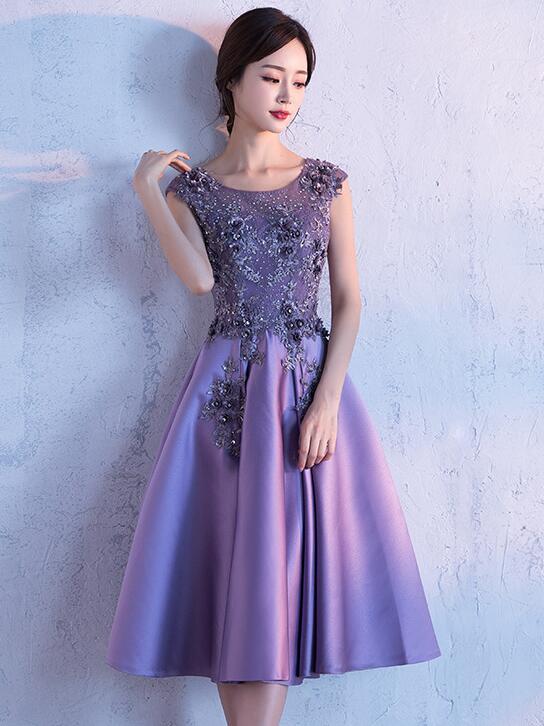 Beautiful Purple Satin Short Party Dress, Lace Applique Prom Dress