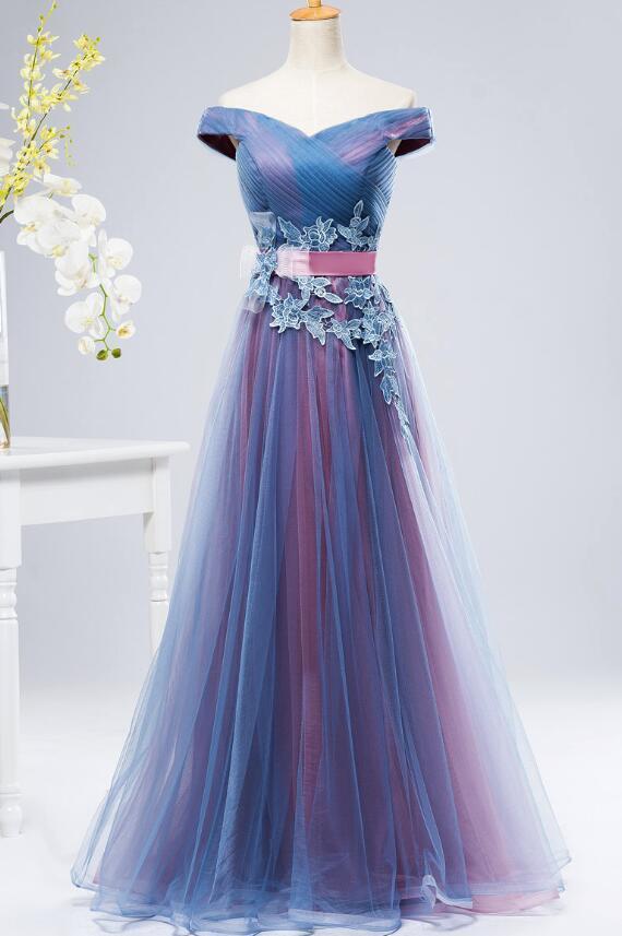 Beautiful Blue And Pink Party Gown With Lace,sweetheart Long Bridesmaid Dress