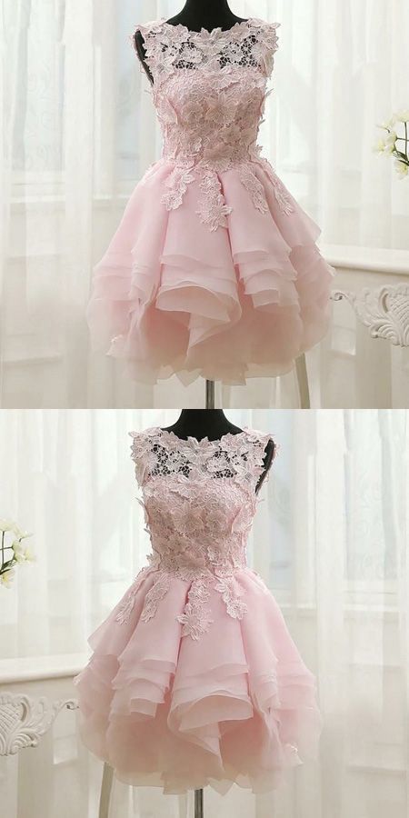 Lovely Pink Short Lace Layers Party Dress, Short Prom Dress