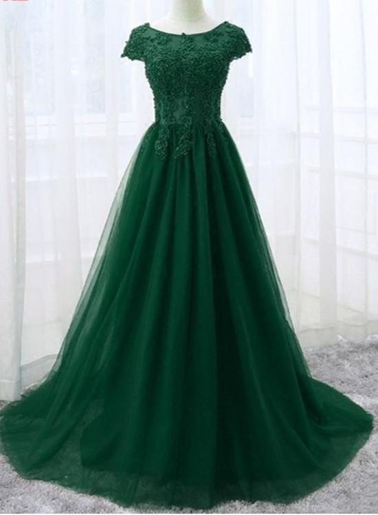 Beautiul Tulle Cap Sleeves A-line Party Dress, Long Prom Dress 2020